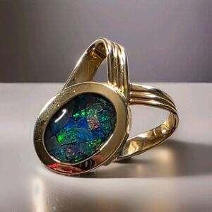 Vintage 14K Yellow Gold Mosaic Opal Pendant - Large 13x10mm Inlay - 6.72g Estate